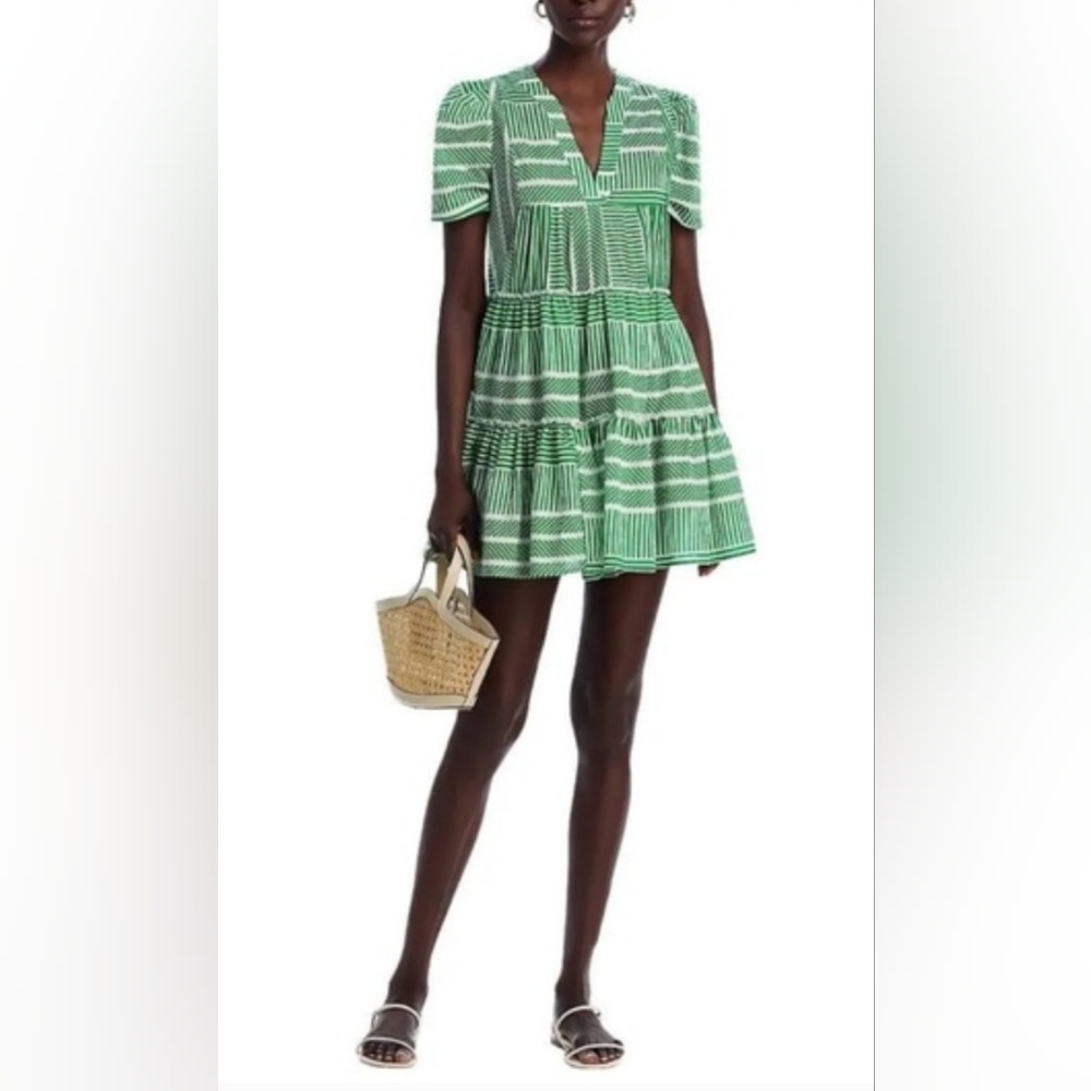 Aqua Green and White Striped Tiered Ruffled Mini Dress Size Medium - Picture 2 of 12